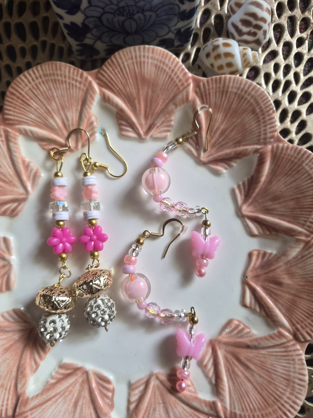 Pink Bead & Butterfly Dangle Earrings Set - Gold-Tone Accents